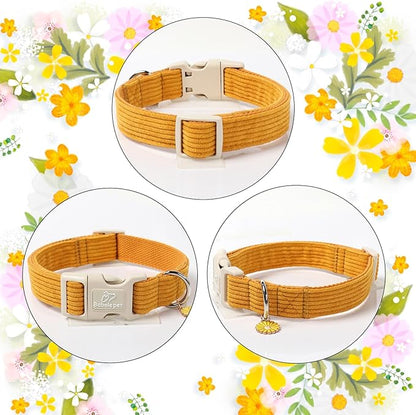 Cute Corduroy Dog Collar - Mustard Yellow Adjustable Dog Collars for Large Dogs 50-80lbs, Fade-Proof with Secure Snap & Little Charm, Christmas Birthday Gift, L