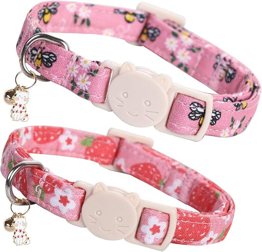 Elegant little tail 2 Pack Cat Collar-Pink Print Cotton Breakaway Cat Collars with Bell Pendant Kitten Boy Girl Safety Adjustable Collar for Small Cats Puppy