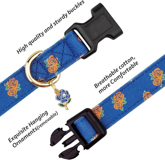 Cotton Handmade Dog Collar Cute and Distinctive Patterns Blue Rose with Pendant for Girl Boy Dogs Collars S
