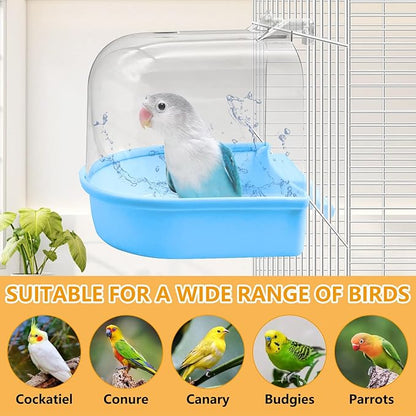 Tfwadmx 3Pcs Bird Bath for Cage Hanging Parakeet Bath Box Clear Bird Bathtub Water Shower Food Feeder Bathing Tub for Cockatiel Conure Canary Budgies