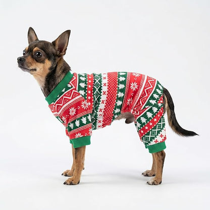 Fitwarm Dog Christmas Outfit, Holiday Pet Clothes for Small Dogs Boy Girl, Festive Pajamas with Feet, Puppy Onesie, Red, Green, XL