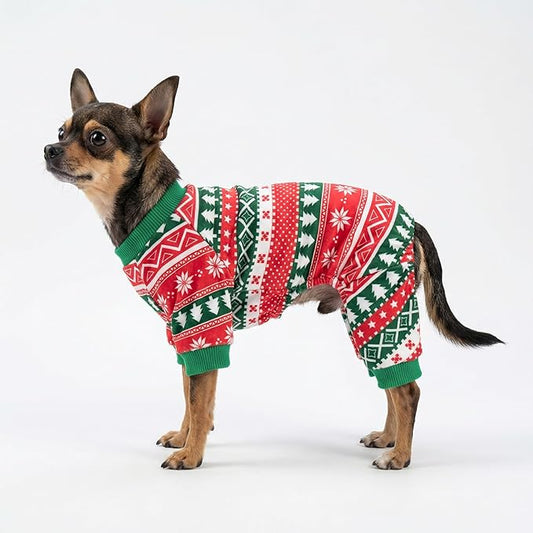 Fitwarm Dog Christmas Outfit, Holiday Pet Clothes for Small Dogs Boy Girl, Festive Pajamas with Feet, Puppy Onesie, Red, Green, Medium