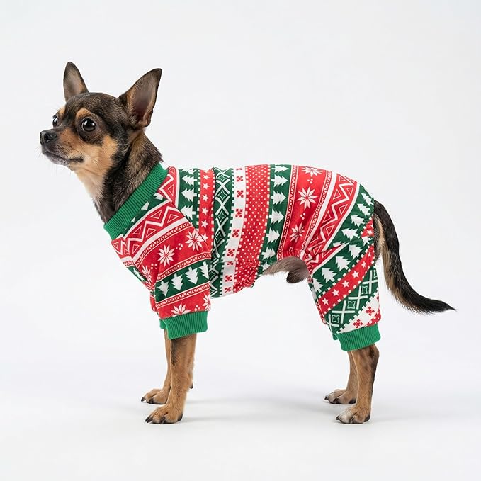 Fitwarm Dog Christmas Outfit, Holiday Pet Clothes for Small Dogs Boy Girl, Festive Pajamas with Feet, Puppy Onesie, Red, Green, Small