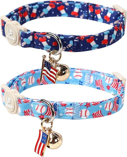 4th 0f July Cat Collar,2Pack Patriotic Day Kitten Collars Cute Flag Breakaway Kitty Collars,Summer Baseball Blue Cat Collar with Bell, for Girl & Boy Cats