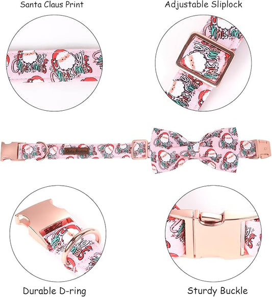 Christmas Dog Collar, Pink Christmas Santa Claus Dog Collar Bow Tie Pet Collars with Bow Adjustable Pet Collars with Premium Metal Buckle Dogs Necklace for Large Girl Dogs