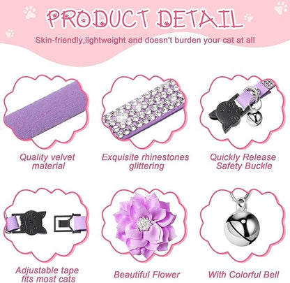 Cat Collars,Rhinestone for Girl Cats Bling Kitten Flower Adjustable Breakaway Collar with Bell Soft Velvet Leather Collar for Puppy Small Dogs (Purple1)
