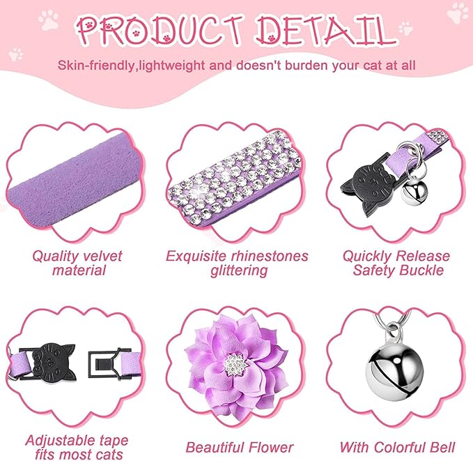 Cat Collars,Rhinestone for Girl Cats Bling Kitten Flower Adjustable Breakaway Collar with Bell Soft Velvet Leather Collar for Puppy Small Dogs (Purple)