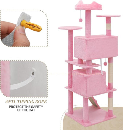 Athena Collection 70 Inch Cat Tree for Indoor Cats, Multi-Level Activity Center with 2 Condos, Scratching Post & Dangling Ball, Tall Climbing Tower, Pink
