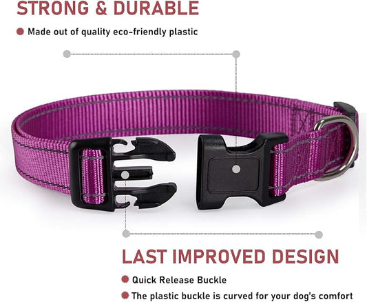 Reflective Dog Collar with Buckle Adjustable Safety Nylon Collars for Small Medium Large Dogs, Purple XL