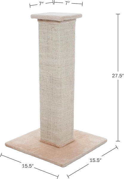 Cat Scratching Post with Carpeted Base - 27.75-Inch Sisal Burlap Fabric Scratcher - Furniture Scratching Deterrent for Indoor Cats by PETMAKER (Beige)