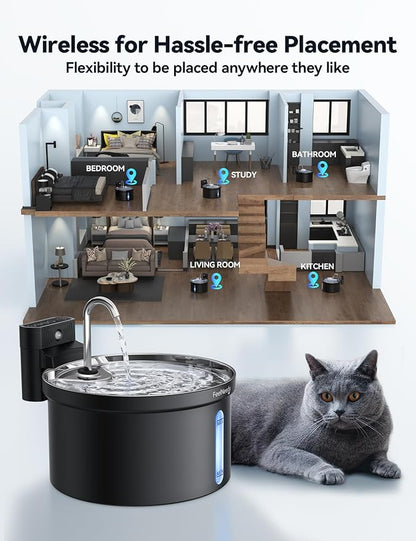 Wireless Cat Water Fountain [Water & Battery Separation] FEELNEEDY 4000mAh Battery Operated Cat Fountain, Cordless Pet Fountain with Motion Sensor for Cats Dogs-3.5L/118oz
