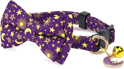 2 Pack Cotton Cat Collar with Bow Tie and Bell for Girl Boy Cats,Cute Pink Flamingo and Blue Whale Pattern Spring Summer Breakaway Cat Collar for Male Female Cats (Moon&Cloud)