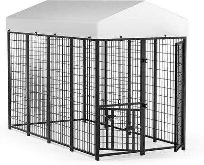 LOVMOR Outdoor Dog Kennel with Roof, Heavy Duty Steel Dog Run Enclosure for Medium Dogs, Waterproof Canopy, Double Latch Door, Adjustable Feeding Bowls, Pet Pen for Yard and Patio, 8’L x 4’W x 5.6’H