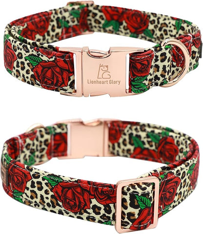 Lionheart Glory Dog Collar, Red Rose Dog Collar with Flower, Cute Floral Pattern Pet Collar Adjustable Dog Collar for X-Large Dogs