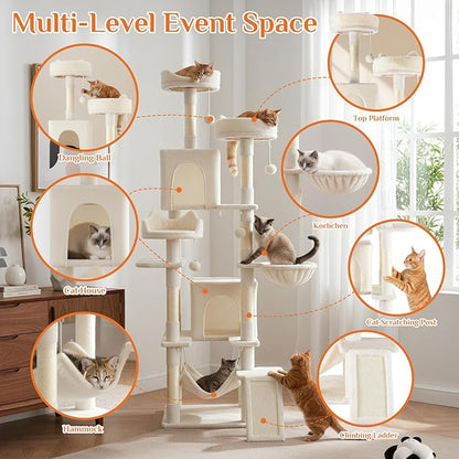 Sweetcrispy Cat Tree 75 Inch, Large Multi-Level Tall Cat Tree Tower with Condo, Perches, Sisal Scratching Posts Board and Hammock, Pet Play House with Dangling Balls for Indoor Cats, Beige