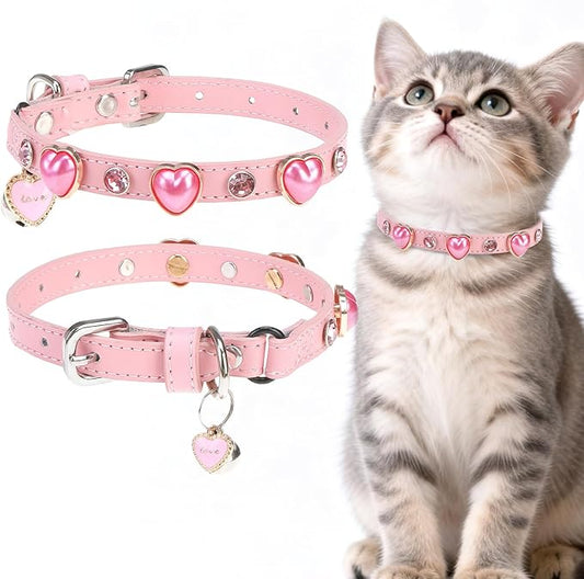 EXPAWLORER Valentine's Day Leather Cat Collar for Girl Boy- Adjustable Pet Collar with Safety Elastic Belt,Personalized Rhinestone Accessories Buckle Collars with Bell & Durable D-Ring,Heart (Pink)