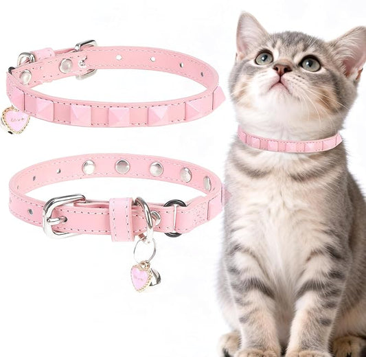 EXPAWLORER Halloween Leather Cat Collar - Adjustable Pet Collar with Rivet Spike for Girl Boy Cats, Punk Accessories with Bell & Durable D-Ring,Pink Square Nails