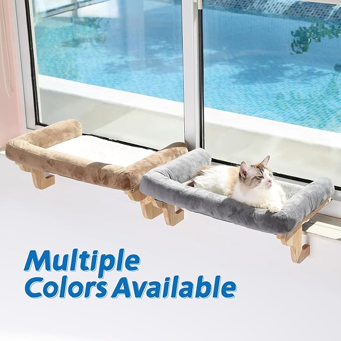 Zakkart Cat Perch for Window Sill with Bolster - Orthopedic Hammock Design with Premium Hardwood & Robust Metal Frame - Cat Window Seat for Large Cats and Kittens - Natural Color Wood Gray Bed, 24''W