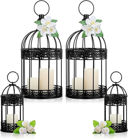 Sliner 4 Pcs Birdcage Candle Holder Valentine Decorative Bird Cages for Weddings Vintage Candlestick Holders Metal Lanterns Model Wedding Candle Centerpieces for Tables Valentine Home Decor(Black)