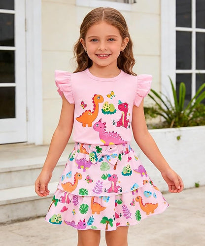 Girls Skirt Set 2 Piece Outfit Toddler Summer Clothes Ruffle Sleeve T-Shirt Bow Knot Tutu Skirt Outfit Set
