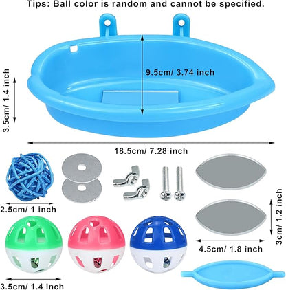 Bird Bath for Cage, Bird Bath Toy with Small Double-Sided Mirror, Birdbath Cage Accessory with Small Bells for Small Birds Parrots Cockatiel Budgies