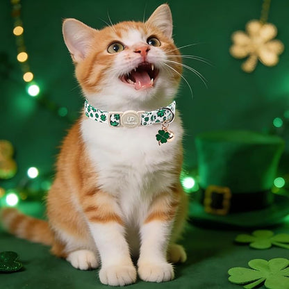 Cat Collar,2Pack St.Patrick's Day Cat Collars Cute Breakaway Kitty Collars,Spring Green Shamrock Cat Collar with Bell, Lucky Clover Kitten Collars with Safety Buckle for Girl & Boy Cats