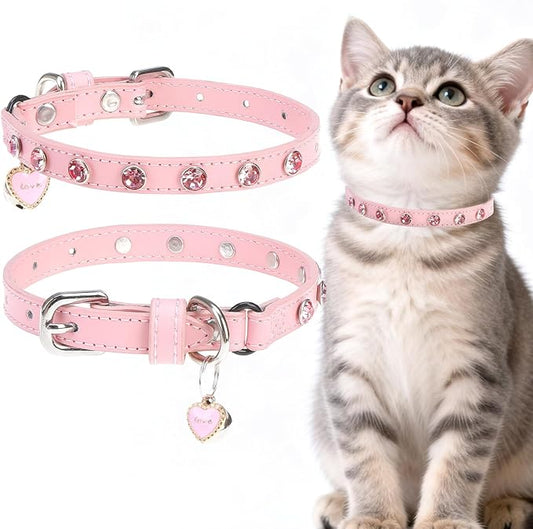 EXPAWLORER Leather Cat Collar for Girl Boy- Adjustable Pet Collar with Safety Elastic Belt,Personalized Rhinestone Accessories Buckle Collars with Bell & Durable D-Ring,Rhinestone (Pink)