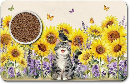 Dog Food Mat for Pet Cat Food Mat, Sunflower Absorbent Quick Dry Dog Bowl Mats for Food and Water, Non-Slip Cat Pet Feeding Mats for Floor Placemats 12"x20"