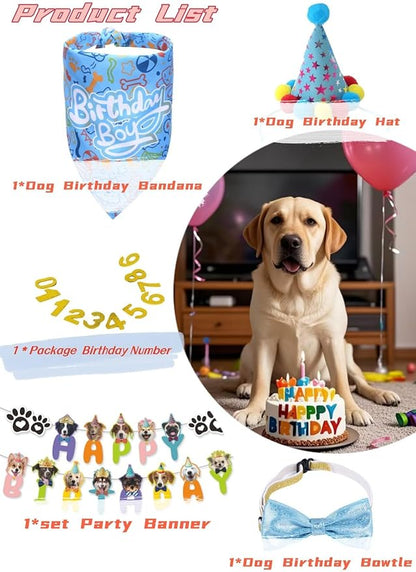 Happy Birthday Dog Party Supplies Kit - Dog Party Hat, Bandana, Bowtie & Happy Birthday Banner Decorations for Small Dogs, Puppy Birthday Outfit Accessories & Pet Birthday Party Decor (Blue)