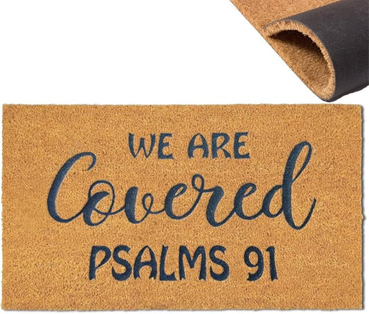 Assaoy We are Covered Psalm 91 Funny Door Mats Outside Coir Doormat for Home Entrance,Front Door mat,Indoor Entrance Embroidered Welcome Rubber Rugs Home Christmas New Year Decor 30”x 18”