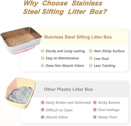 Stainless Steel Sifting Litter Box for Pine Pellet Cat Litter Non Clumping Litter System with Dust Collecting Drawer X-Large