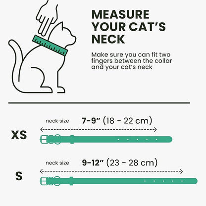 BRONZEDOG Leather Cat Collar with Removable Bells Non Breakaway Kitten QR Tag for Girl Boy (7" - 9" for Cats, Green & Gold)