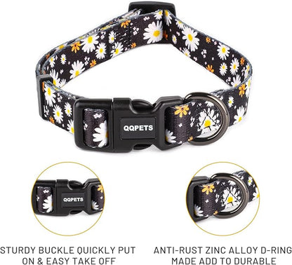 QQPETS Adjustable Soft Dog Collar: Print Flower Pink Multicolor Cute Patterns for XS Small Medium Large Pet Girl Boy Puppy Walking Running Training (M, White Daisy)