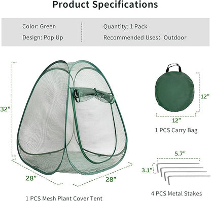 1PC Mesh Plant Protector Tent from Animals, 28X28X32Inch Pop Up Garden Netting Cover Large Green Crop Cage Plant Protection Tent to Protect Outdoor Potted Plants Flowers Fruits from Deer Birds Cat