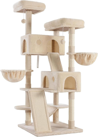 WEEWAY Cat Tree Tower for Indoor Cats,65'' Multi-Level Cat Furniture Activity Center,Stand House Condo Cave,Sisal Scratching Posts Ramps,Plush Perches Platforms Basket Hammock,Beige