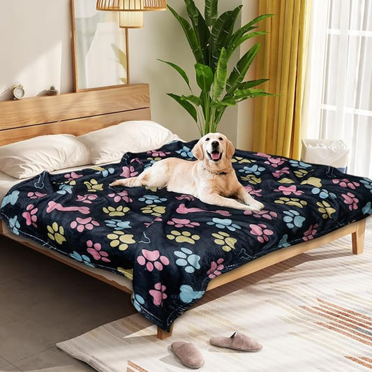 Dog Blankets for Large Dogs, 60"x50" Blanket Washable, Fuzzy Soft Pet Mat Throw Cover for Kennel Crate Bed, Cute Paw Pattern, Cat Blanket, Gifts Medium Small Pet Essentials, Navy Blue