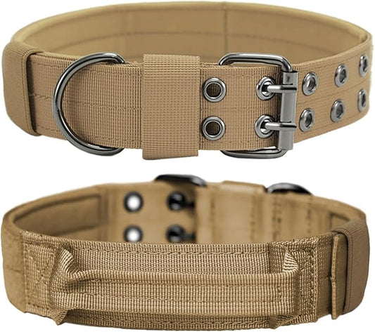 Tactical Dog Collar with Handle, Military Adjustable Heavy Duty Metal Buckle Dog Collars Soft Nylon Training Collar for Medium Large Dogs (Brown, Large)