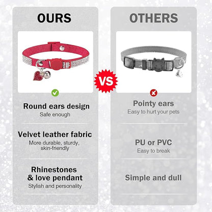 Rhinestone Cat Collar Breakaway with Bell, Diamond Cat Collar with Safety Buckle Quick Release for Girl Boy Small Kitten Pets Puppy,Cute Soft Female Male Cat Collars, Color Red 7-9"