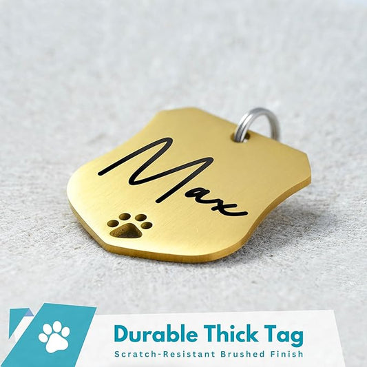 Ultra Joys Dog Tags Personalized for Pets - Hollow Paw Custom Pet ID Tag - Engraved Dog Tag for Small, Large Dogs - Large Badge in Gold