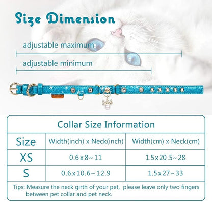 PetsHome Cat Collar, Dog Collar, [Bling Rhinestones] PU Leather Adjustable Pet Collar with Luxury Pendant for Big Cat and Small to Medium Dog Small Blue