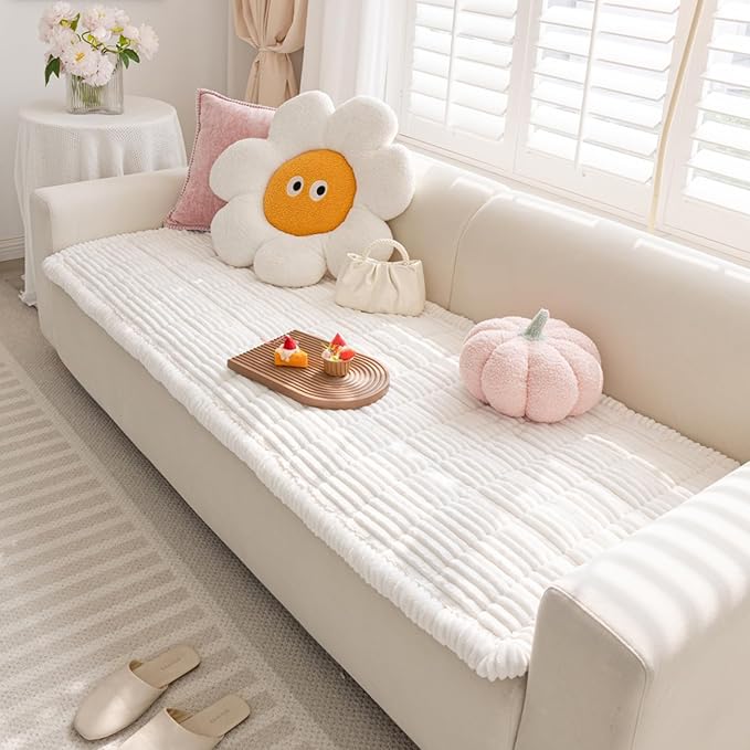 FUNNY FUZZY Pet Couch Covers for Sofa, Washable Dog Couch Cover Protector for Dogs, Flannel Couch Covers for Dogs Pet Friendly Pets Mat Bed Sofa Cover (White, 27.6"×70.9")