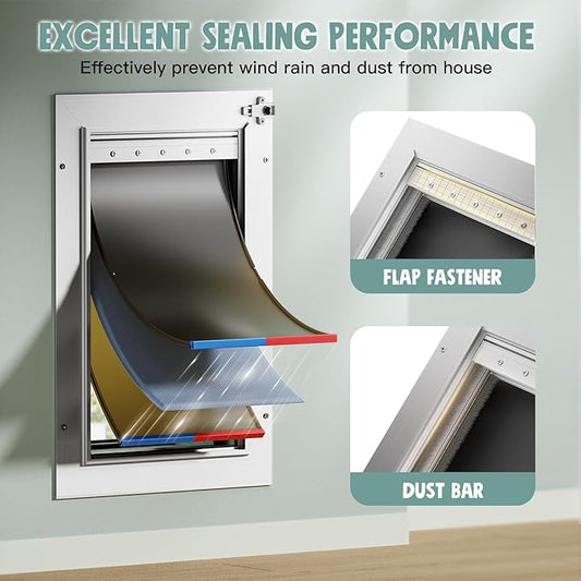 3-Flap Insulated Aluminum Doggy Door for Walls, Heavy-Duty Telescoping Pet Door with Dual Security Locks & Magnetic Flaps, Closing Panel, Medium, Pets Up to 45 LB