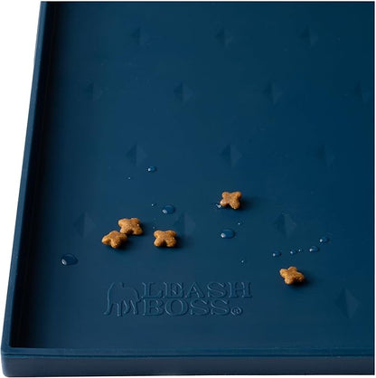 Leash Boss Dog Food Mat - Waterproof Cat & Dog Bowl Mat for Food and Water, Silicone Pet Feeding Mats for Floors, Non-Slip Placemat with High Edges, Puppy Essentials (XL: 25"x17", Navy)