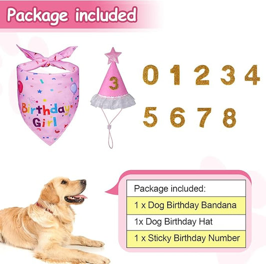 Dog Boy Girl Birthday Party Hat, Dog Birthday Party Supplies, Doggie Birthday Bandana Set with Numbers for Gaint and Extra Large Puppy (Pink)