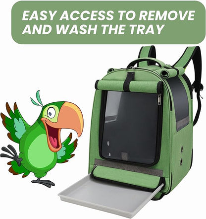 Bird Backpack Travel Cage for Cockatiel, Parrot, Parakeet With 2 Bowls Tray and Standing Perch - African Grey Carrier for Large and Small Birds (Green)