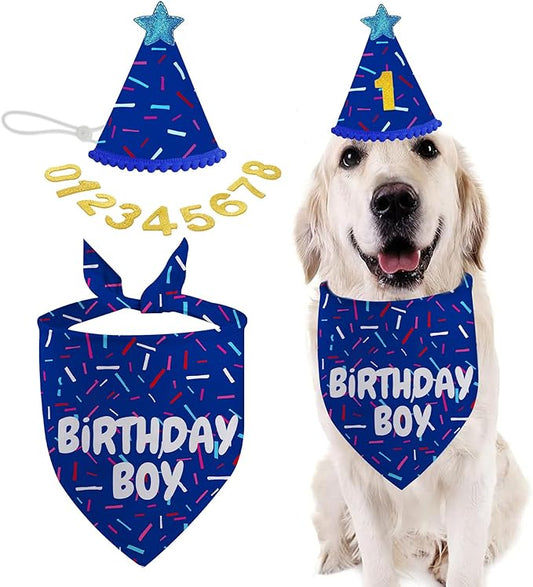 Dog Birthday Bandana Set, Blue Birthday Boy Decorations, HBD Party Supplies with Hat Kerchief Numbers for Pets (Blue)