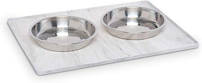 Messy Mutts & Cats Silicone Non-Slip Pet Bowl Mat with Raised Edge | 16” x 12” Dog/Cat Bowl Mat with Spill-Proof Lip | Marble
