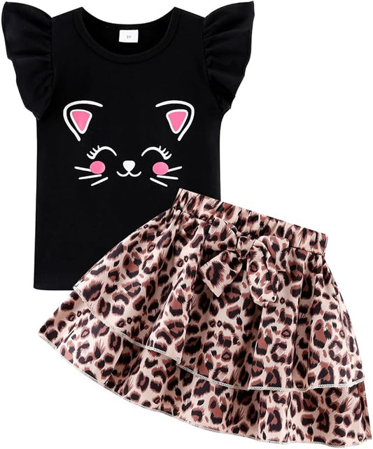 Girls Skirt Set 2 Piece Outfit Toddler Summer Clothes Ruffle Sleeve T-Shirt Bow Knot Tutu Skirt Outfit Set