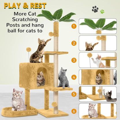 52in Multi-Level Cat Tower with Sisal Scratching Posts, Hidden Cave & Perch Platform, Large Cat Condo for 1-3 Cats, Eco-Friendly Pet Furniture with Realistic Leaves, Beige