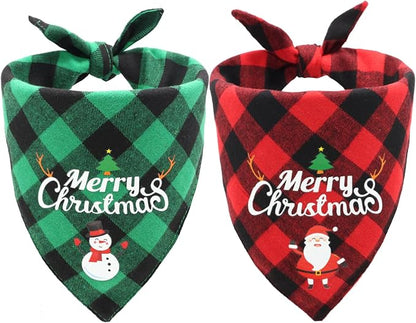 Christmas Dog Bandanas Classic Plaid Triangle Holiday Scarf with Santa and Snowman Print,Winter Pet Outfit for Boy and Girl Dogs,Red Green Plaid Dog Costume for Medium to Large Dogs